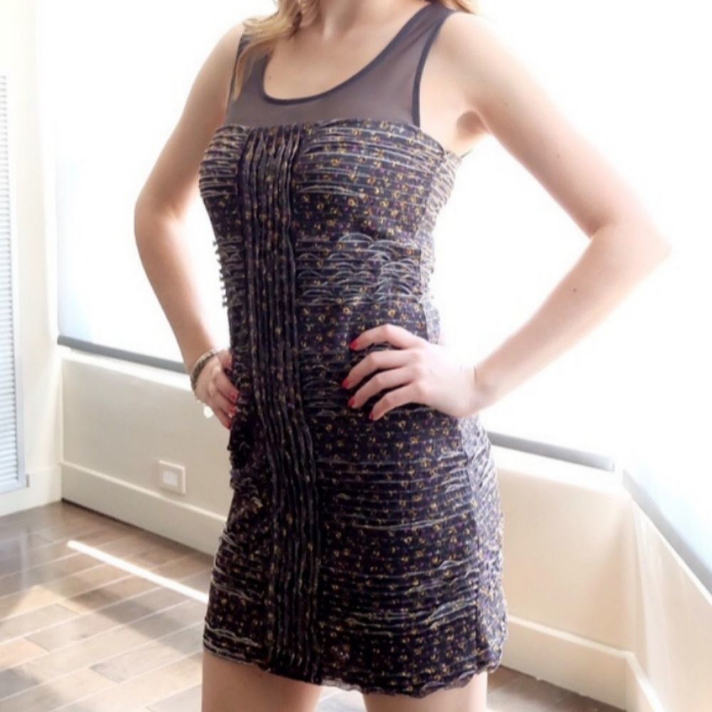 Free People -- Gray Floral Mesh Bitsy Ditsy Shimmer Ruffle Tiered Bodycon Dress